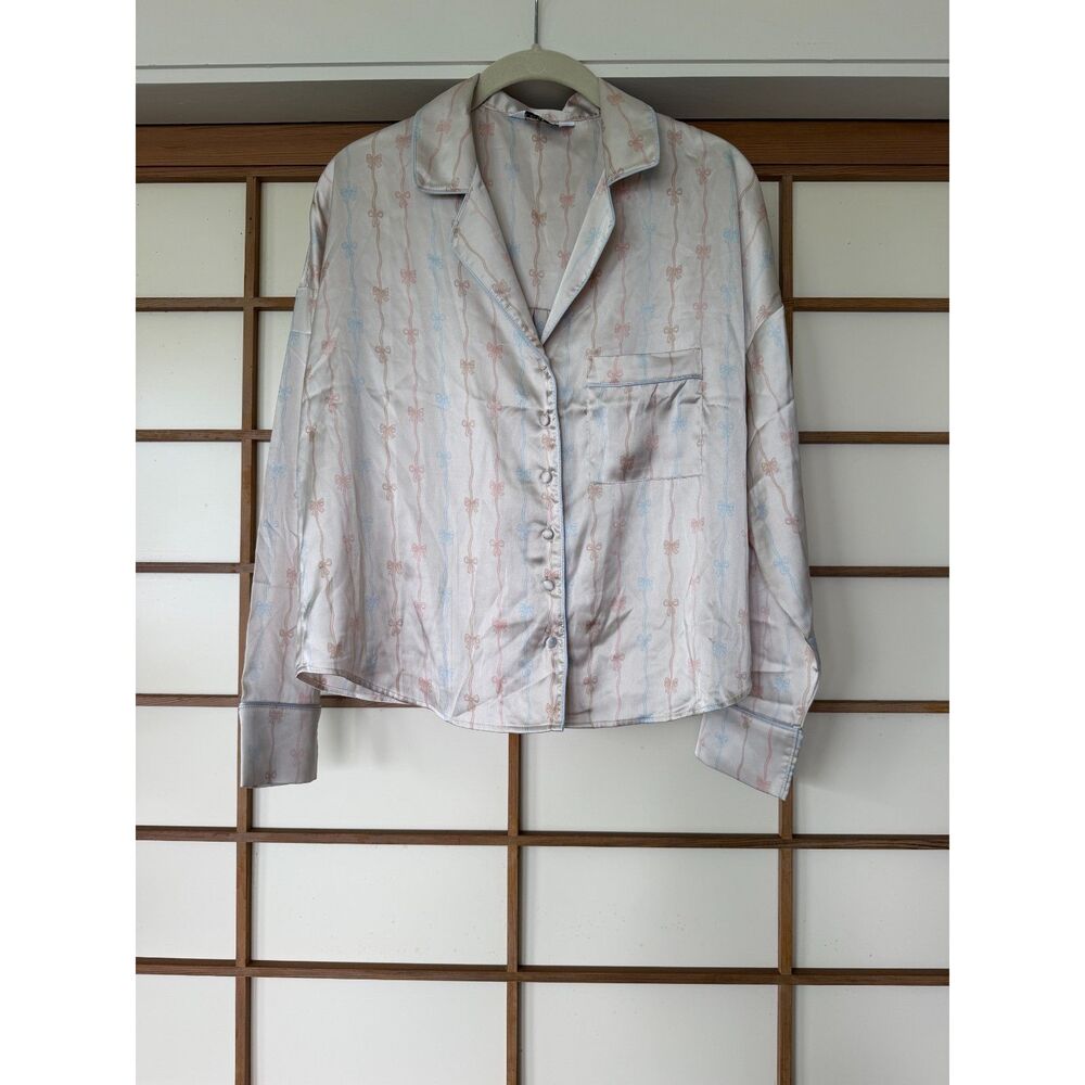 Lounge XS Satin Bow Print Pajama Top Pink Blue Coquette Sleep Shirt